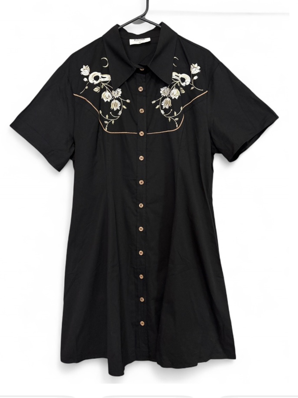 Boozelele Alternative Cowgirl Crow Skull and Floral Embroidery Button-Down Dress